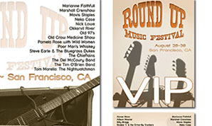 Poster & VIP pass for Round Up music festival - a trunk with guitars & a list of performers.
